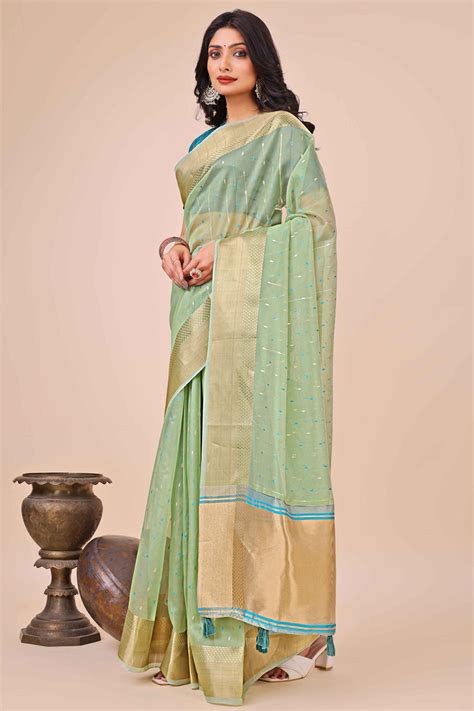 Pista Green Organza Saree Adorned With Fine Zari Weaving & Stylish Tas