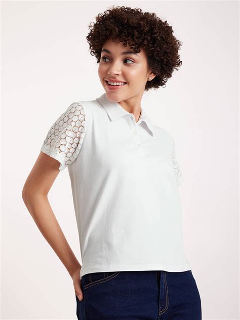 Buy White Single Jersey Schiffli Sleeves Polo Tee Online | FableStreet