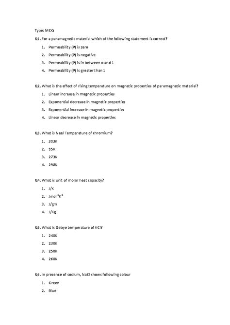 Sample MCQ Inorganic Chemistry Sem IV Pschi 401 Regular - Type: MCQ Q1 ...