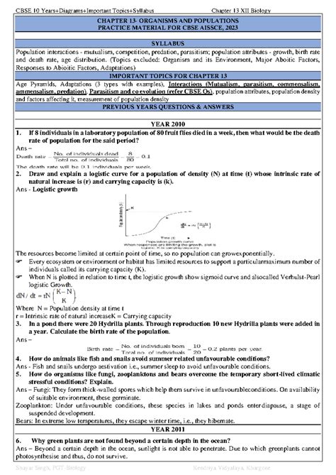 CBSE 10 Biology Chapter 13: Organisms and Populations Practice Material ...
