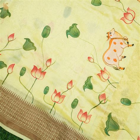Goldenrod Yellow Pure Cotton Hand Painted Pichwai Banarasi Saree ...