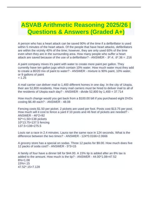 ASVAB Arithmetic Reasoning 2025/26 | Questions & Answers (Graded A+ ...
