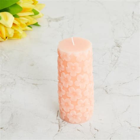 Buy Moksha Peach Wax Embossed Pillar Candle from Home Centre at just ...