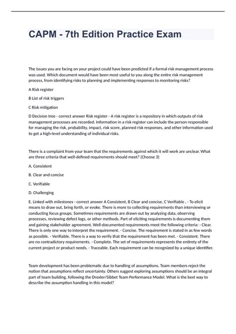 CAPM - 7th Edition Practice Exam fully solved 2023/2024 - CAMP - Stuvia US