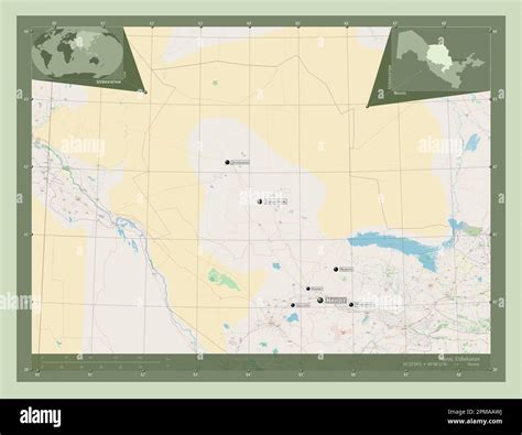 Navoi, region of Uzbekistan. Open Street Map. Locations and names of major cities of the region ...