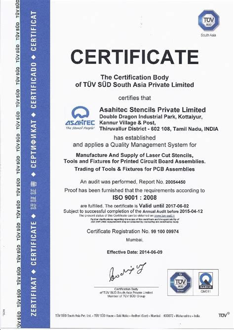 Asahitec: IPC Certified Manufacturers, ISO 9001:2008 Certification
