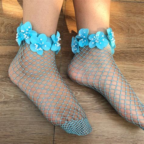 Blue Bloom Fishnet Socks 3D Flower Embellished Socks - Etsy India