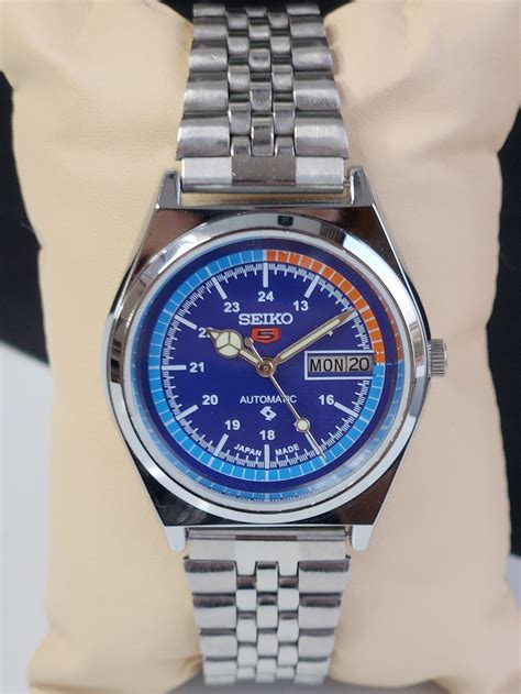 Vintage Mod Seiko 5 Automatic 6309A 17 Jewels Japan Men's Day-Date Blu ...