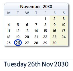 November 26, 2030 Calendar with Holiday info and Count Down - IND