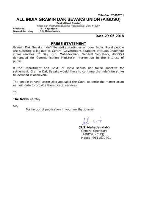 PRESS STATEMENT DATED 29.05.2018