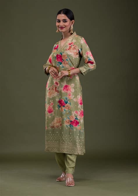 Buy Pista Green Printed Semi Crepe Readymade Salwar Suit - Koskii