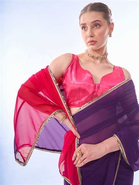 Buy Purple Pink Chiffon Saree With Blouse Piece 81181 Online | Karagiri