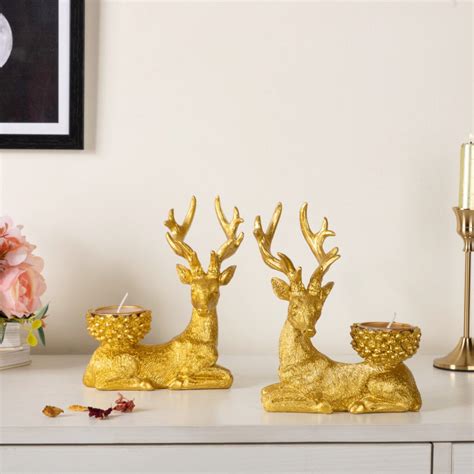 Reindeer Showpiece With Candle Stand Gold 7 Inch Set Of 2 Online ...