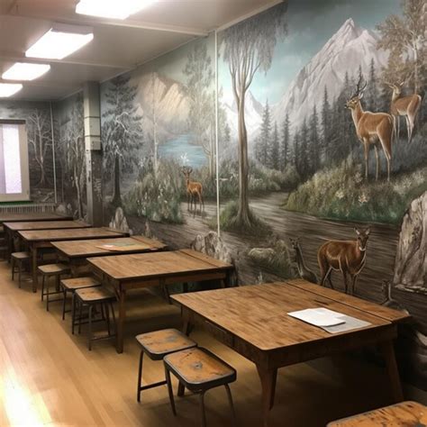 There are many tables and chairs in a room with a mural on the wall ...