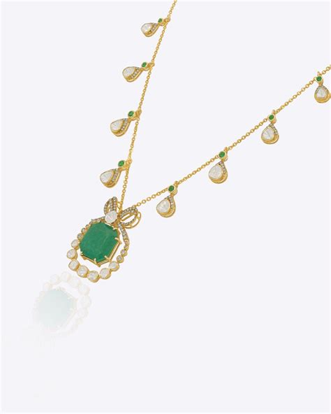 Emerald Bow Pendant | 14K Gold with Diamond and Polki Jewellery – Polki ...