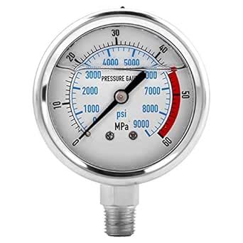 Hydraulic Pressure Gauge, 60MPa / 9000 PSI Double Scales Stainless ...