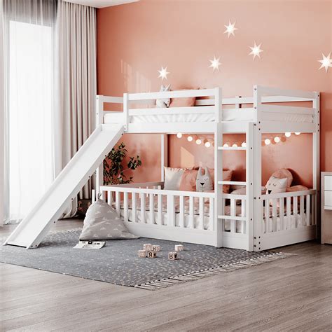 DreamBuck Floor Bunk Bed with Slide, Twin over Twin Bunk Bed for Teens ...
