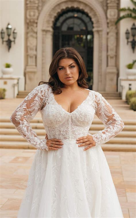 Sparkling Long Sleeve A-Line Plus Size Wedding Dress - D3700+ | Sleeve wedding dress, Plus ...