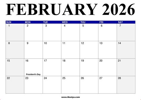 February 2026 Calendar with Holidays – Noolyo.com