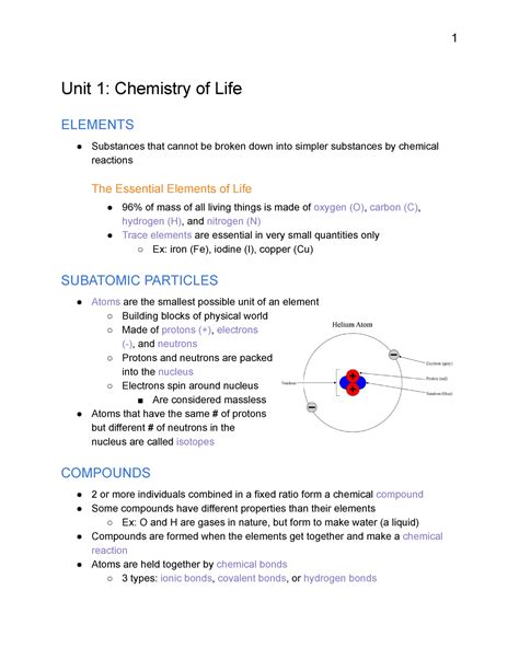 AP Bio/BIO 1113 Notes - Unit 1: Chemistry of Life ELEMENTS Substances ...