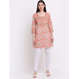 Buy Myaza Women Cotton Floral Printed Straight Short Kurta Peach at ...