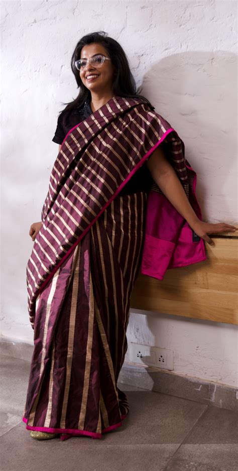 Grape Wine Full Striped Sari | Ekaya Banaras