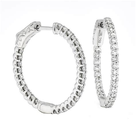 18 Karat White Gold Single Row Diamond in and Out Hoop Huggies Earring ...