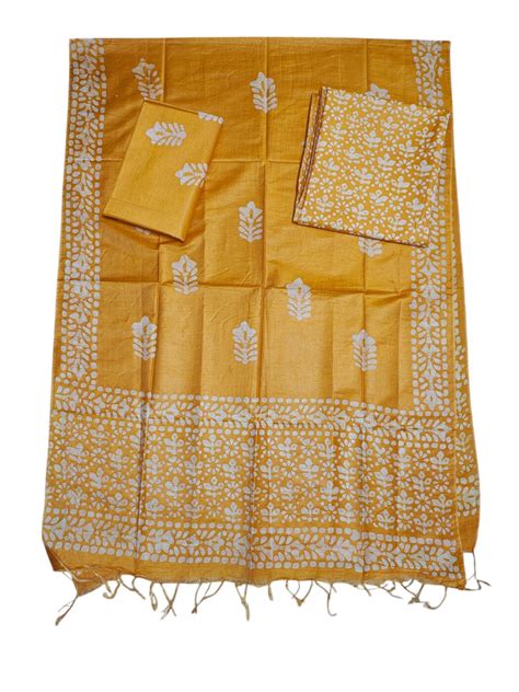Yellow Unstitched Batik Print Katan Silk Salwar Suit Dress Material ...