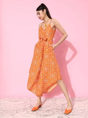 Buy KASSUALLY Orange Printed Straps Jumpsuit Online