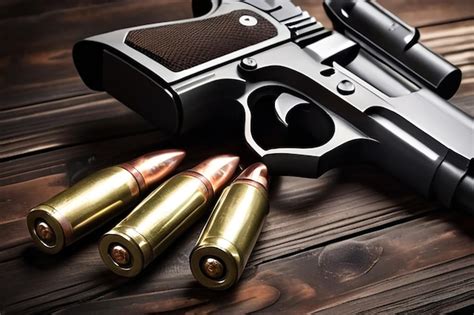 Gun with ammunition on dark wooden background | Premium AI-generated image