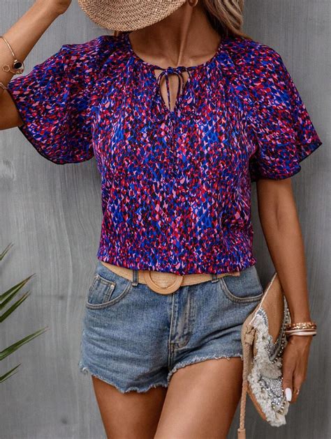 SHEIN LUNE Allover Print Tie Neck Raglan Sleeve Blouse | SHEIN USA