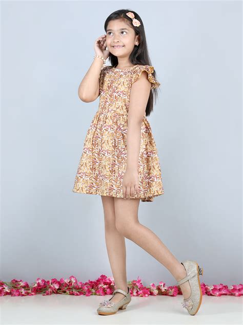 Cutiekins Geometric Printed Frilled Sleeves Dress-Yellow & Brown