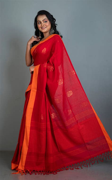 Handwoven Poth Soft Cotton Saree in Crimson Red, Gold and Orange ...