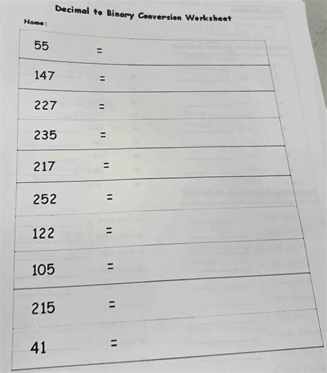 Image result for Binary Conversion Worksheet