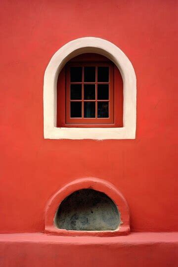 Symmetrical red wall with round window and oven | Premium AI-generated ...