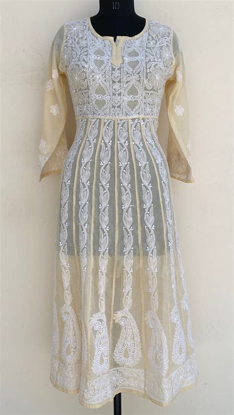 Lucknowi Chikankari Anarkali Kurti Beige Mulmul Cotton With Jaali Work ...