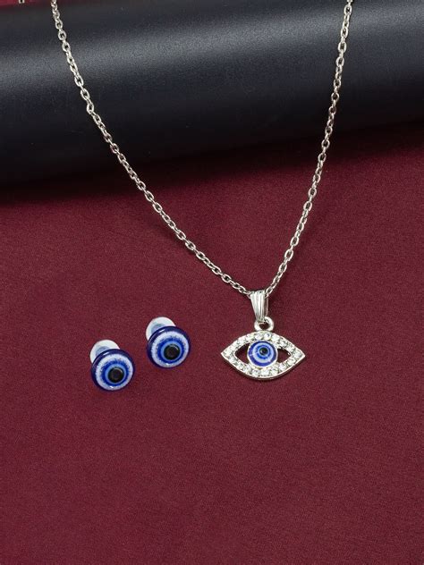 Silver Plated Evil Eye Shaped Pendant & Studs Set – PRIVIU