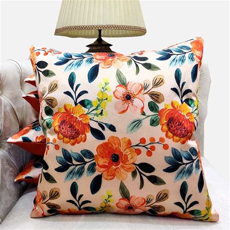 GOODVIBES Peach Multicolor Printed Floral Cushion Covers Zipper Square ...