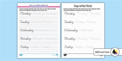 Cursive Days of the Week Practice Worksheet