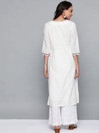 Buy HERE&NOW Women White Cotton Straight Thread Work Kurta Online at ...