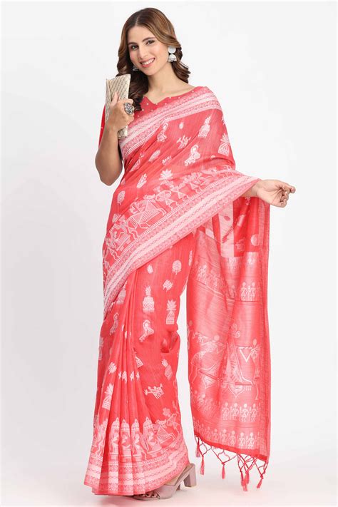 Coral Pink Linen Cotton Saree Showcasing Traditional Warli Motifs In Z