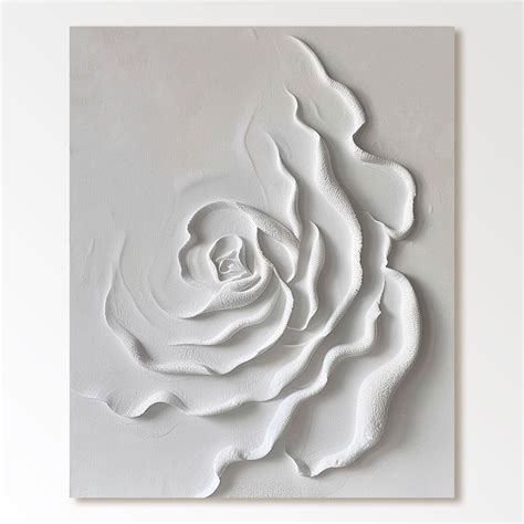 Large White Flower Textured Plaster Art Painting on Canvas