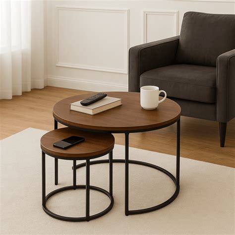 Walnut Wood Coffee Table Set - Round Dark Nesting Tables