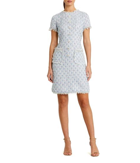 Mac Duggal Boucle High Neck Short Sleeves Floral Button Detail Shift ...