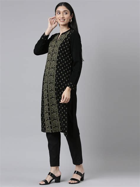 Neerus Winter Wear Band Collar Ethnic Motifs Printed Straight Fit Acry ...