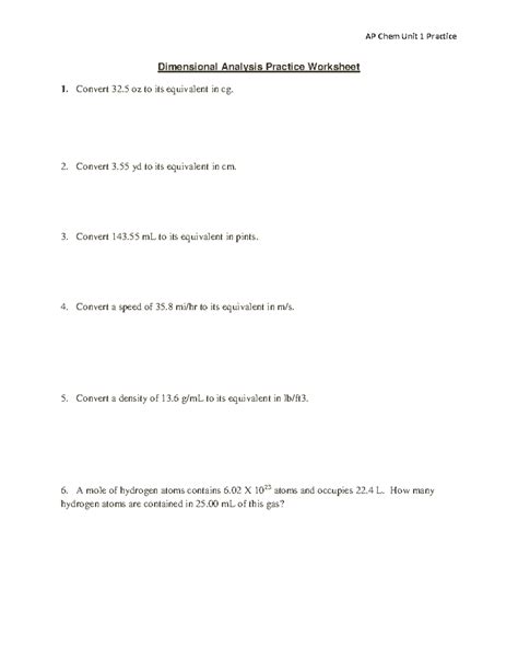 AP Chem Unit 1 Dimensional Analysis Practice Worksheet - Studocu