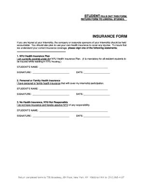 Fillable Online nyu INSURANCE FORM - New York University - nyu Fax ...