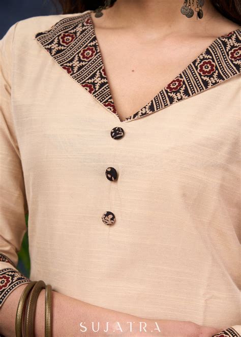 Elegant Beige Cotton Silk Ajrakh Combination Tunic - Pant Optional ...