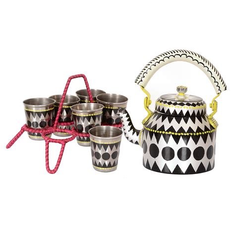 Buy Unique Indian Crafts Tea Kettle Set Hand Painted with 6 Stainless ...