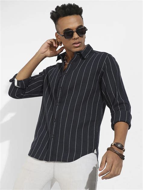 ₹799 | Campus Sutra Men's Navy Blue Shadow Striped Shirt - Campussutra